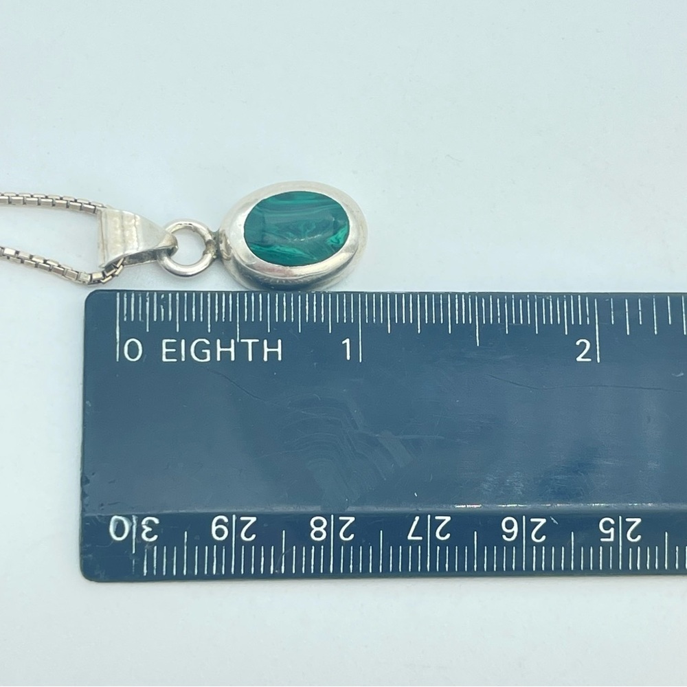 Vintage Silver Green Oval Malachite Pendant & Necklace 925 Sterling Jewelry - Picture 12 of 14